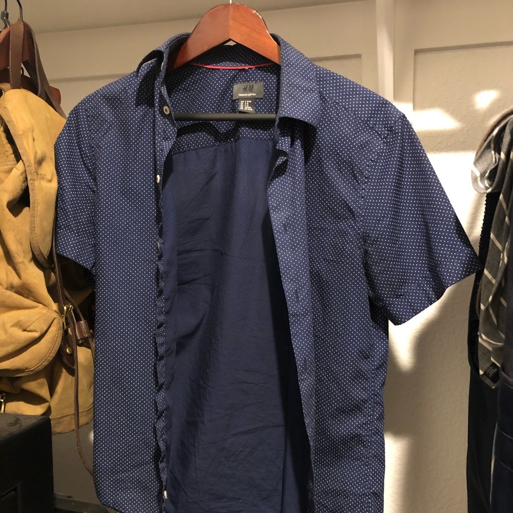Blue button down white dots